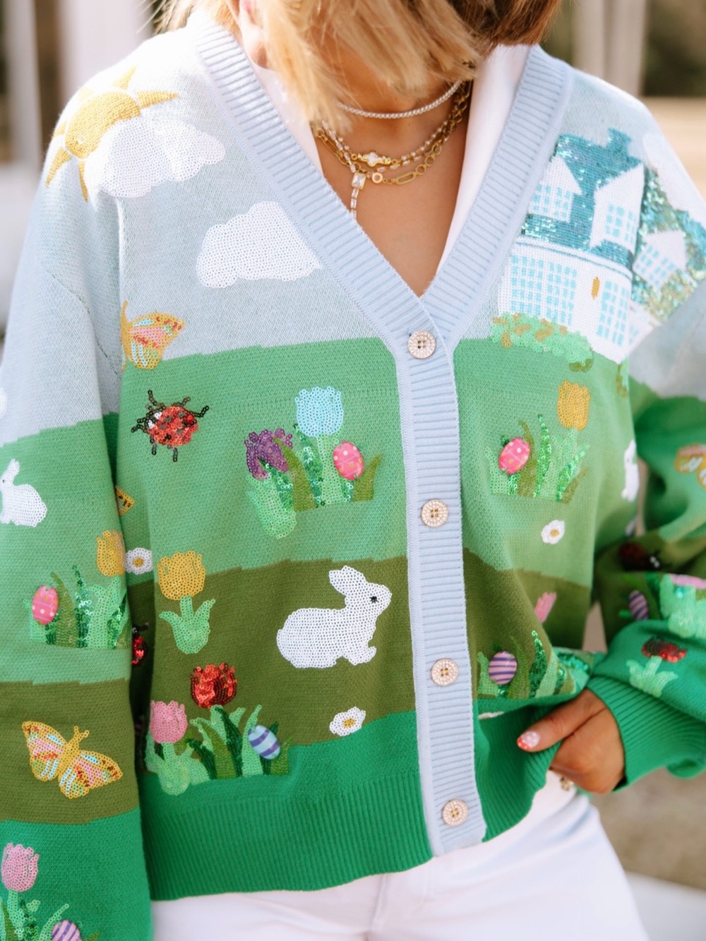 new QUEEN OF SPARKLES Light Blue & Green Embroidered Sequined Spring Cardigan - Picture 7 of 9